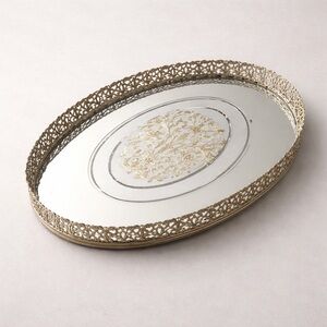 Vintage Oval Mirrored Vanity Tray Silver Tone Filigree Hollywood Regency